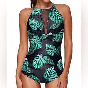 Tropical Leaf Print One Piece Swimsuit
